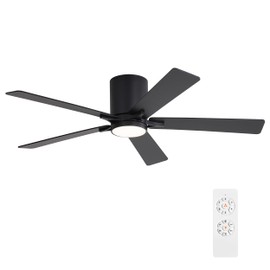 WINGBO 52" DC Flush Mount Ceiling Fan with Lights, 6-Speed Reversible DC Motor, 3CCT, Low Profile Hugger Ceiling Fan for Living Room Bedroom Kitchen, Black Finish and Black/Walnut Blades