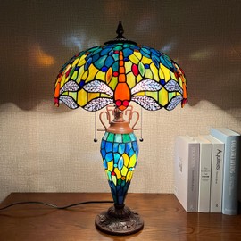 Capulina Tiffany Table Lamp Mother-Daughter Vase 3-Light 16x16x24 Inches Blue Orange Dragonfly Style Stained Glass Desk Light for Bedrooms Living Room Study Home Office