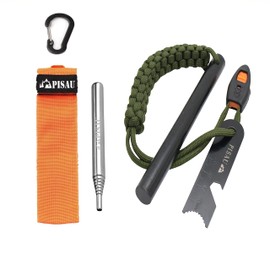 PISAU Ferrocerium Ferro Rod Flint + Blow Tube + case with Paracord lanyard Handle, Striker and Whistle, Used for Camping, Barbecue, Outdoor Activities. 12.7cm Long (Orange and Black)