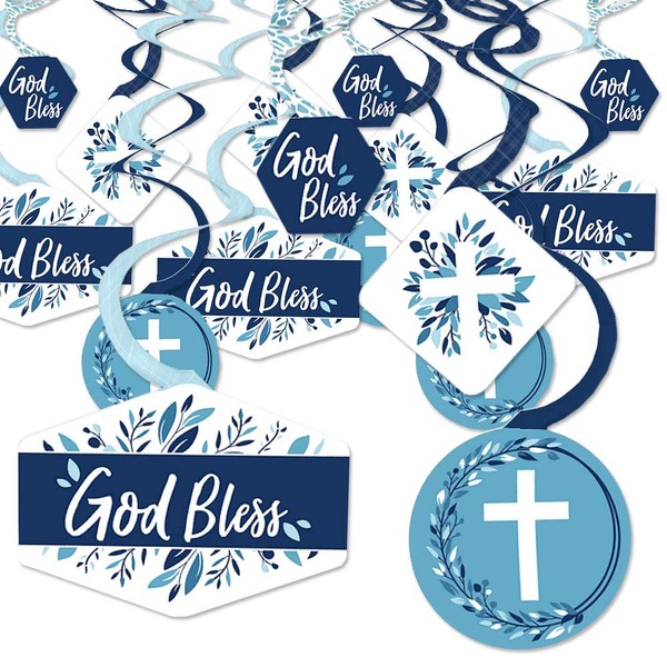 Big Dot of Happiness Blue Elegant Cross - Boy Religious Party Hanging Decor - Party Decoration Swirls - Set of 40