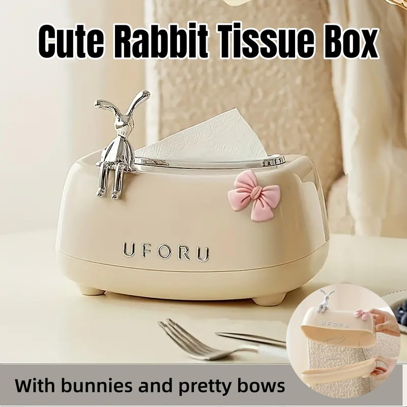 AIMALL Bunny-Themed Tissue Box, Elegant Spring-Lift Design, 8.26" x 5.43"