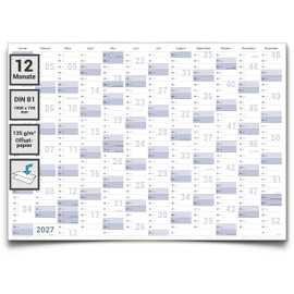 DIN B1 Wall Calendar 2027 - XL Year Planner 100 x 70 cm, Folded Wall Planner, Premium Quality, Annual Calendar 2027 in German Gigatime