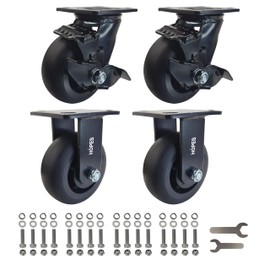HOPES 5 X 2 inch Heavy Duty Casters,Rubber Casters Wheel,Flat Industrial Caster - Set of 4 - Use for Truck Dollies,Workbench,Transport,Handcarts,Utility cart (2 Brake & 2 Rigid, 2,000lbs)