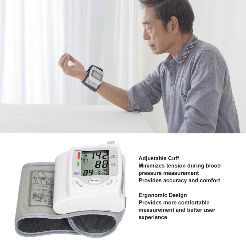 Wrist Blood Pressure Monitor Adjustable Cuff Large LCD Display Digital