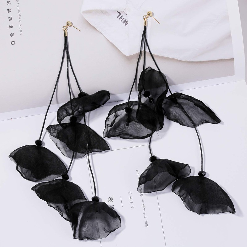 Black Earrings for Women Long Tiered Chiffon Flower Statement Earrings