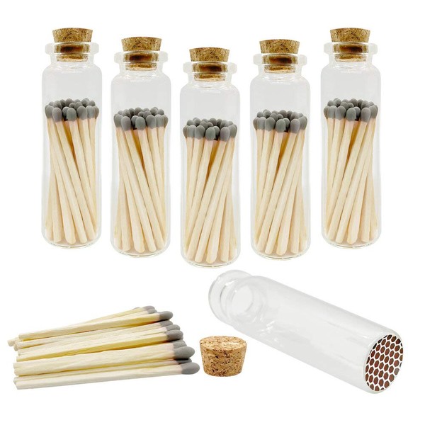 2" Gray Tip Safety Matches | 6 Glass Bottles Each with Cork Top, Striker & 20 Matchsticks by Thankful Greetings (120+ Total) | Decorative Unique & Fun Artisan Set for Your Home, Gifts, & Events