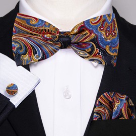 Barry.Wang Men's Paisley Silk Pre-tied Bow Tie Set Pocket Square and Cufflinks for Weddings and Formal Events
