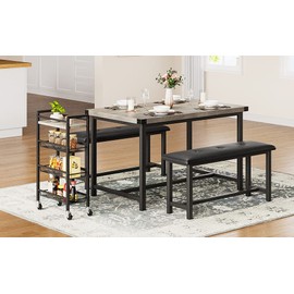 GarveeHome Dining Table Set for 4, Kitchen Table with 2 Upholstered Benches, Wood Kitchen Dining Room Set, for Small Space, Apartment, Home, Dinner, Retro Gray