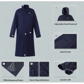 RainRider Raincoat for Men Waterproof Long Rain Jacket with Stowable Hood Lightweight Rain Gear Poncho for Unisex(Navy,3XL)