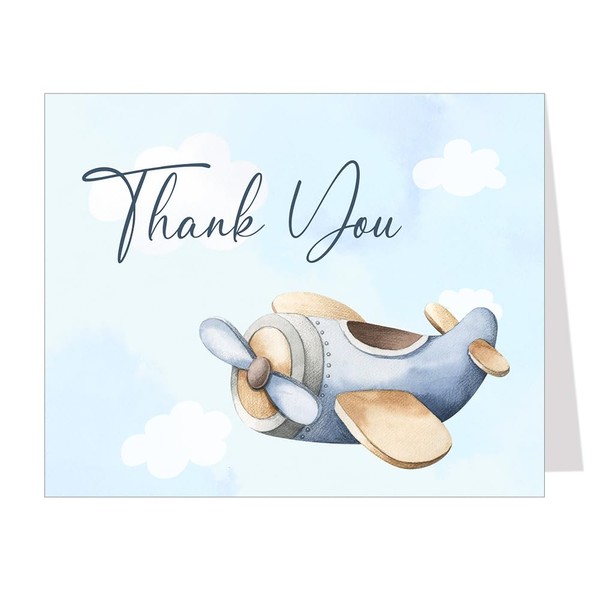 Watercolor Airplane Thank You Cards, Plane Aviation Little Pilot The Adventure Begins Awaits Boy Blue Clouds Blank Inside Printed Folding Notes (24 count)