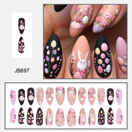 Bunny Press on Nails Almond Fake Nails Black Pink False Nails with Flower Easter Egg Rabbit designs Stick on Nails Matte Full Cover Cute Glue on Nails for Women Girls Party Manicure24pcs