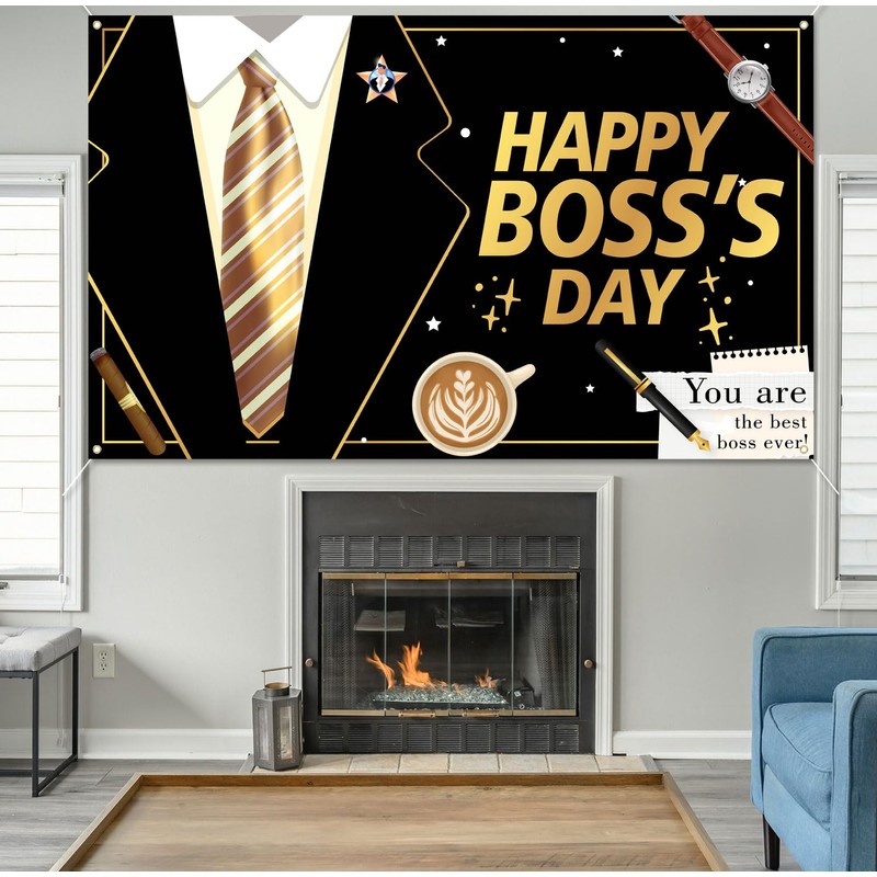 Happy Boss's Day Banner Backdrop, Black Gold Boss's Day Decorations,