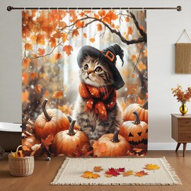 Fall Cat Shower Curtain Autumn Orange Yellow Maple Leaves Pumpkin Thanksgiving Harvest Happy Funny Wild Animal Farmhouse Rustic Forest Decorative Curtain Polyester Fabric