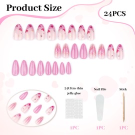 LunarCharm 24 Stück Französische rosa Katzenaugen-Flash-Wear-Nägel Mandelnägel künstliche Nägel Herz-Nagelkunst, Acryl-Nagelspitzen zum Aufkleben