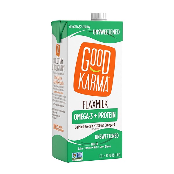 Good Karma Plant-Powered Flaxmilk, Unsweetened, 32 oz. Carton (Pack of 6) Dairy-Free, Plant Based Milk Alternative