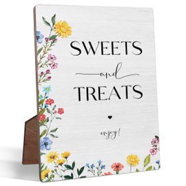 Sweets & Treats Wedding Signs for Ceremony and Reception, 5x7 Inch Wooden Gift Table Sign with Stand and Hook, Dessert Table Decorations Wedding Shower Bridal Shower Baby Shower Favors for Guests, 02