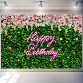 7 x 5 ft Happy Birthday Backdrop Large Green Grass and Flower Wall Background for Woman Men Birthday Party Decorations Banner Photo Booth Supplies Polyester