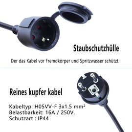 LANMINGLEL Verlängerungskabel Outdoor mit Schuko Stecker, AC Shucko Verlängerungskabel,Netzkabel Steckdosenverlängerung Schwarz,16A 250V Stecker Auf Buchse IP44 Für Zuhause, Büro, Außenbereich (1M)