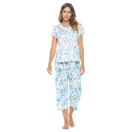 Casual Nights - Conjunto de pijama para mujer, diseño floral, parte superior y pantalones capri, con estampado en la parte inferior, Azul, 4XG