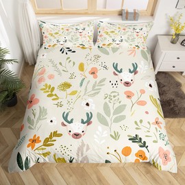 Manfei Kids Cute Deer Duvet Cover Set Twin Size, Cartoon Elk Flower Comforter Cover with 1 Pillowcase, Botanical Leaves Floral Bedding Set 2pcs for Boys Girls Lightweight Bedspread Cover,No Comforter