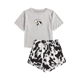 WDIRARA Women's Cartoon Cow Print Short Sleeve Tee and Shorts Pajama Set Multicolored M
