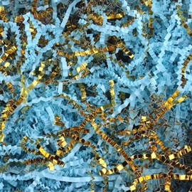 JINZOFLY Crinkle Cut Paper Shred Filler for Gift Wrapping, 7 oz Shredded Paper for Basket Filling,Mixed Colors Gift Box Filler for Easter, Birthday, Christmas, Mother's Day(Light Blue&Gold)