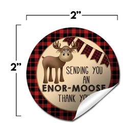 Rustic Red and Black Flannel Print Moose Thank You Sticker Labels, 40 2" Party Circle Stickers by AmandaCreation, Great for Party Favors, Envelope Seals & Goodie Bags