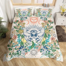 Hippie Butterfly Bed Set Sun And Moon Duvet Cover, Groovy Floral Bedding Set Double Sunflower Mushroom Comforter Cover, 60S 70S Vintage Flower Bed Cover, All Seeing Eyes Decor (Zipper Closure)
