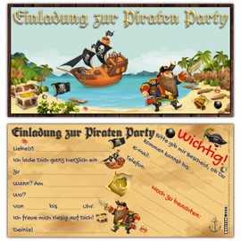 BREITENWERK Set of 12 Pirates Invitation Cards with Envelopes - Birthday Invitations for Boys / Girls Children's Birthday Party