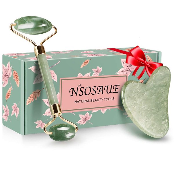 Natural Jade Roller for Face - Face Roller Gua Sha Scrapping - Aging Wrinkles,Puffiness Facial Skin Massager - Premium Authentic Jade Stone (Jade Roller&Guasha Set)