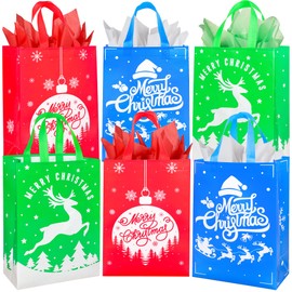 BLEWINDZ 18 Pcs Medium Christmas Gift Bags with Tissue Paper, 13.8''x9.6''x5.6'' Reusable Christmas Tote Bags with Handles, Non-Wowen Christmas Goodie Bags for New Year Christmas Decor