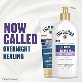 Gold Bond Loción curativa para cuerpo y cara durante la noche para piel seca, hidratante no grasosa con ácido hialurónico, aloe y melatonina que funci