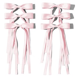 Hair Bows Clips Ribbon Bowknot with Long Tail 6 PCS,Coquette Bow Hair for Girls Pink Hair Bows Barrettes Hair Accessories Cute Hair Accessories for Women and Teens
