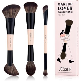 Jessup Brochas de Maquillaje Facial, 3pcs Juego Brochas Maquillaje Doble Punta para Base, Contorno, Rubor, Resaltador y Polvo,Sintéticas de Pinceles Maquillaje Facial, Peach Dust T508