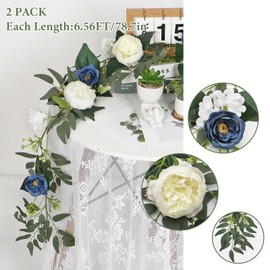 SOMYTING 2pcs Artificial Eucalyptus Flower Garland with Fake Rose Flower Vine Seeded Eucalyptus Leaves Greenery Garland for Wedding Table Backdrop Party Centerpiece Room Decor (Blue & White)
