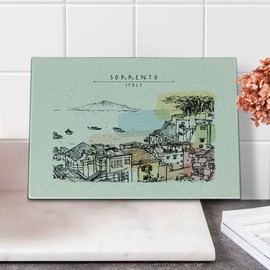 Lunarable Amalfi Coast Cutting Board, Sorrento Italy Lettering Sketchy Design Image with Houses and Boats, Decorative Tempered Glass Cutting and Serving Board, Small Size, Multicolor