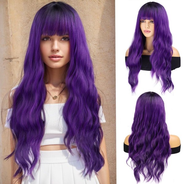 BERON 26 Inches Blue Wig Long Curly Dark Root Ombre