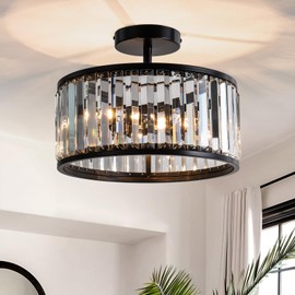 KSRYSZCQ Black Hallway Ceiling Light 3-Light Crystal Ceiling Light Modern Semi Flush Mount Ceiling Light Fixture for Kitchen Bathroom Foyer