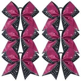 6PCS Glitter Cheer Bow Large Cheer Bows Rhinestones Hair Bows Girls 8"Cheerleading Bows Bulk Elastic Band Ponytail Holder for Teen Girls College Sports Competition Pink Black