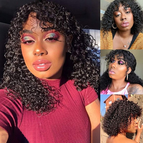 ISEE Deep Curly Human Hair Wigs with Bangs Glueless Half Machine Made Hair Wigs 150% Density Brazilian Virgin Kinky Curly Non Lace Front Wigs Human Hair Bangs for Women Natural Color(12")