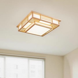 TFCFL Wooden LED Ceiling Light Remote Dimming Japanese Style, Square Ceiling Lamp Light Fixture Zen Style Close to Ceiling Light for Dining Living Room Bedroom 18 inch