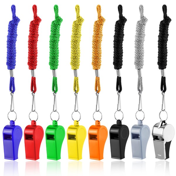 COMNICO 8 Pack Whistles, Plastic ABS Loud Clear Crisp Sound Sports Whistle with Lanyard for Games Referee Lifeguard Teachers Coaches Officials Sports Recess Emergency (Multicolor)