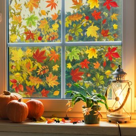 Zindoo 60Pcs Autumn Window Stickers Reusable, 6 Sheet Double Sided Autumn Maple Leaves Window Clings, Static Cling Autumn Decorations for Home Thanksgiving Fall Party Kids
