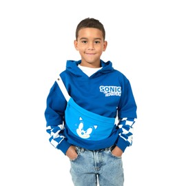 Sonic The Hedgehog Character Face Long Sleeve Boy's Blue Hooded Sweatshirt & Detachable Fanny Pack-8