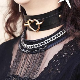 Borsgye Punk Leather Goth Choker Collar Adjustable Rock PU Leather Choker Necklaces Cosplay Jewelry Vintage Necklaces - Black with Gold Heart