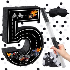 Truck Theme Pinata, Truck Number 5 Birthday Pinata with 16 Inch Piñata Stick Blindfold Confetti for 5 Birthday Decorations (5th)