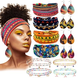 NSODREEM 4 Sets African Headband with Leather Earrings Body Chain African Boho Headband Head Wrap African Jewelry Sets for Women