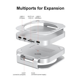 Qwiizlab Aluminum Stand Hub with SSD Enclosure, Docking Station for Mac Mini M4/M4 Pro, 2 USB-A 10Gbps, TF/SD 4.0 Card Readers 312MB/s, USB-A 2.0, Fits M.2 NVMe SSD up to 8TB (SSD Not Included)