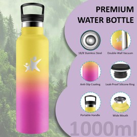 Thermos Flask, 1 Litre, Stainless Steel, Drinking Bottle with Straw, BPA-Free, Insulated Flask, Double-Walled, Leak-Proof, 24 Hours Cold & 12 Hours Warm, Water Bottle for Hiking, Camping, Yoga