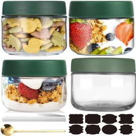 CNKHDZ Overnight Oats Glasses, Green, 300 ml x 4 Pieces, Meal Prep Glasses, Overnight Oatmeal Jars with Lid, Preservation Jars, Mason Jars, Reusable Preserving Jars